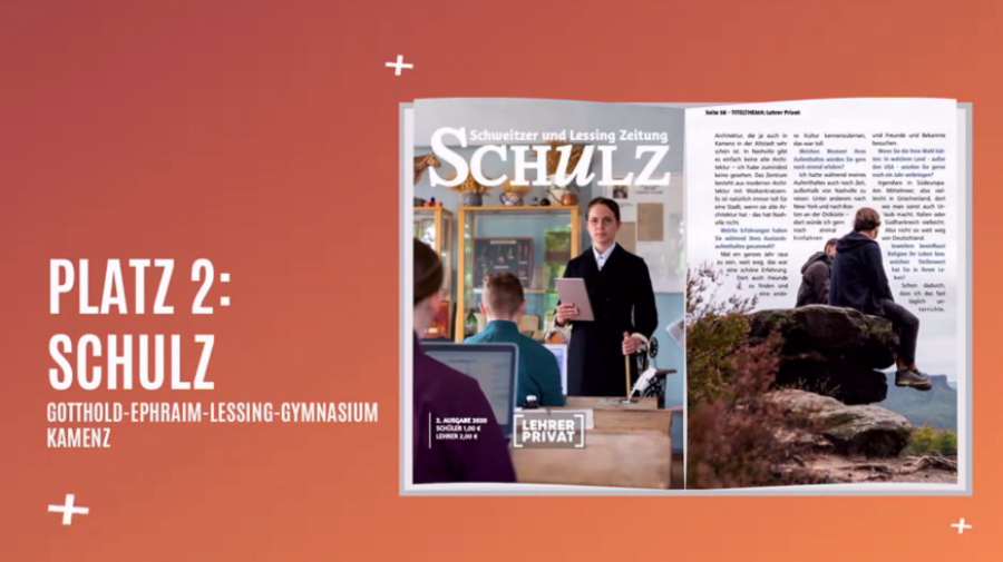 2. Platz für die Schülerzeitung SCHULZ in der Kategorie Gymnasium beim sächsischen Jougendjournalismuspreis 2021