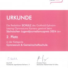 Urkunde - Sächsischer Jugendjournalismuspreis 2024